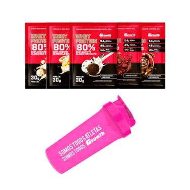 Imagem de Combo - Whey Protein Concentrado 30g em Sachê (5un - Chocolate, Cookies and Cream, Beijinho, Milkshake de Chocolate e Mousse de Maracujá) + Coqueteleira 600ml Rosa - Growth