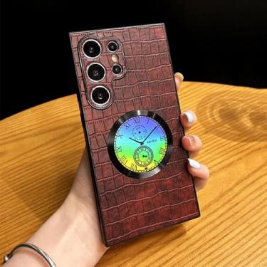 Imagem de Capa de telefone magnética de couro com relógio laser brilhante para Samsung S24 Plus S22 S23 Ultra Luxury Crocodile Pattern Covers, marrom, para Samsung S23