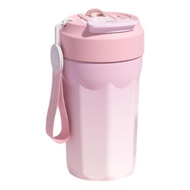 Imagem de Xícara de café de aço inoxidável isolada de 460 ml com alça, caneca de viagem à prova de vazamento, uso no escritório e no carro, tampa dupla com canudo, disponível em quatro cores (rosa)