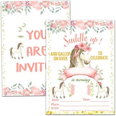 Imagem de Nopoben Cartões de convite de festa de aniversário de cavalo, celebração de convite de festa de aniversário de pônei, suprimentos de festa, lembrancinhas, 20 cartões com 20 envelopes – (horse01)