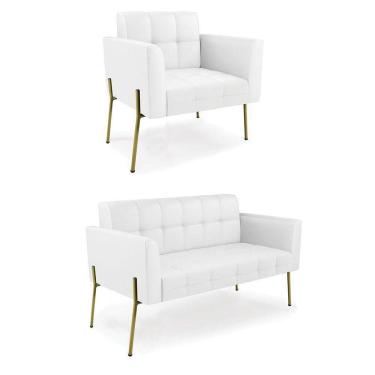 Imagem de Sofá Namoradeira E Poltrona Base Pé De Ferro Dourado Elisa Corino Branco D03 - D`rossi