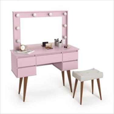 Imagem de Penteadeira Camarim Com Espelho Banqueta Iluminação em LED e 5 Gavetas