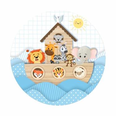 Imagem de Painel de Lona Redondo Arca de Noé Animais Ondas do Mar Textura de Mad