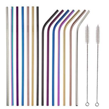 Imagem de Canudos de aço inoxidável reutilizáveis, 14 peças de canudos de metal extra longos de 26,6 cm com 2 escovas, canudo ecológico para copos de 850 g, bebidas, Starbucks, pote de conserva (longo reto e dobrado)