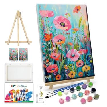 Imagem de JOOZ Kit de pintura de flores por número para adultos com cavalete de pintura por números com moldura para adultos iniciantes em tela, kit de pintura acrílica faça você mesmo para decoração de casa,