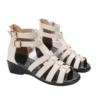 Imagem de NIAIRKE Sandálias femininas gladiadoras de couro preto de cano alto, verão peep toe oco com zíper nas costas elegantes sandálias romanas planas, Branco, 35