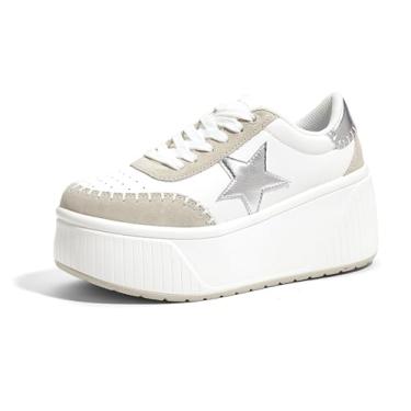 Imagem de LUCKY STEP Tênis feminino plataforma, grosso, moderno, com glitter, cunha, brilhante, salto alto, casual, brilhante, sola grossa, Branco/Prata, 36