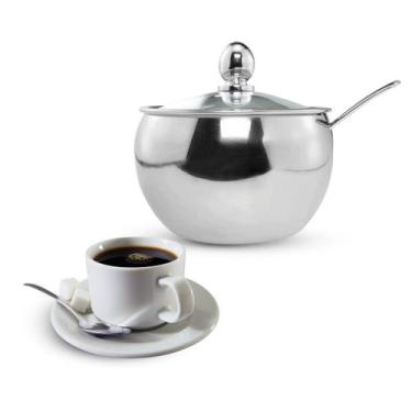 Imagem de Açucareiro Inox Com Tampa De Vidro E Colher Acabamento Cromado Cozinha