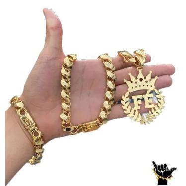 Imagem de Corrente Friso S 12mm + Pulseira + Pingente - Banhado a Ouro - ToJoia1