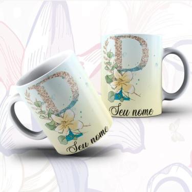 Imagem de Caneca Porcelana Alfabeto Floral Glitter Personalizada Com Inicial E N