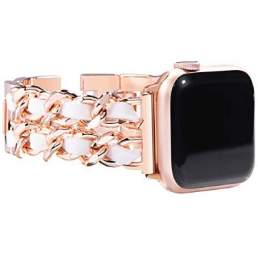Imagem de NewWays Pulseira feminina compatível com Apple Watch de 41 mm, 40 mm, 38 mm, séries 7, SE, 6, 5, 4 e 3, 3, pulseira de joias para iWatch feminina, elos de ouro rosa com couro branco