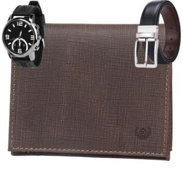 Imagem de Carteira Masculina Couro Legitimo + Cinto Versátil Dupla Face + Relógio Tecnológico-Masculino