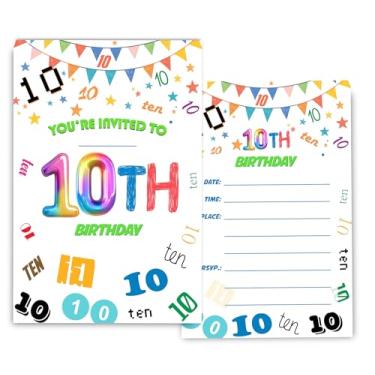Imagem de Fablus Convites de aniversário de 10 anos para meninos, meninas, convites de festa de aniversário número 10 para convites de décimo partido, 10 x 15 cm, 30 conjuntos com envelopes