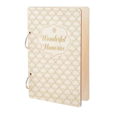 Imagem de SUPERDANT Wonderful Memories Porta-cartões de felicitações, organizador de livros de planejamento, fichário de folhas soltas, de madeira, vieiras douradas, álbum de fotos, capa com 2 anéis, agenda de