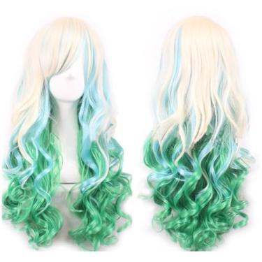 Imagem de IMISSU Perucas de cabelo longo natural peruca cosplay com franja colorida fantasia de Halloween perucas de festa (Branco Verde)