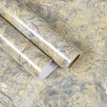 Imagem de EaseStick Papel de contato de bancada de mármore amarelo creme 39,9 cm x 1,198 cm à prova d'água papel de parede de mármore brilhante descasque e cole o papel de contato de granito para banheiro