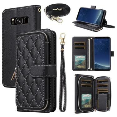 Imagem de Dswteny Argyle Capa carteira para Samsung Galaxy S8 com alça de pulso, alça de ombro, zíper de couro PU, suporte para cartão de crédito, acessórios, capa de celular para S 8 8S Edge SM-G950U mulheres