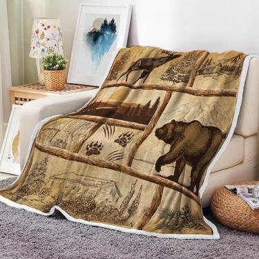 Imagem de Cobertores de cabana, rústico, campo, antigo, urso, alce, floresta, vintage, aconchegante, quente, cama, sofá, cobertor, acampamento, bege, flanela, para decorar o quarto e o quarto