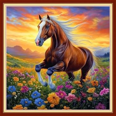 Imagem de Redxing Kits de ponto cruz estampado, kit de bordado para iniciantes, adultos, gama completa de padrões de bordado, kits de ponto cruz, kits de ponto cruz, 11 quilates - flores e cavalos 45,7 x 45,7