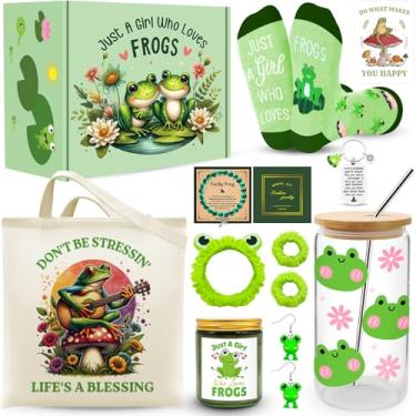 Imagem de JTAMOHI 10 peças de presentes de sapo, presentes para amantes de sapos para mulheres, coisas fofas de sapo com copo de vidro de sapo de 473 g, sacola de vela, pulseiras, brincos, chaveiro, faixa de