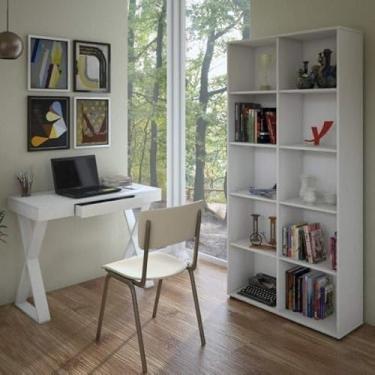 Imagem de Kit 2 Peças com Escrivaninha 1 Gaveta e Estante Multiuso 10 Nichos Espresso Móveis Branco