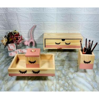 Imagem de Kit Organizador De Maquiagem Pinus Menina Cílios Rosa - Flores para Ma