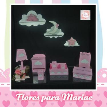 Imagem de Kit Higiene Bebe Mdf Nuvem Rosa + 3 Nichos Nuvem Brancos - Flores para