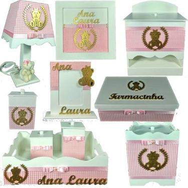 Imagem de Kit Higiene bebê Mdf 10 peças - ROSA XADREX DE URSINHA - Flores para M