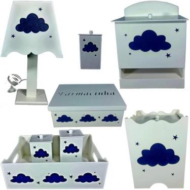 Imagem de kit higiene bebe mdf decorado 8pçs - NUVEM AZUL MARINHO - Flores para 