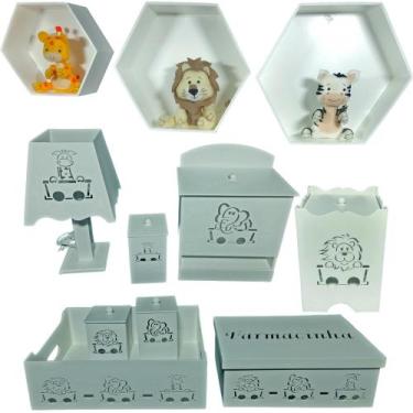 Imagem de Kit Higiene bebê mdf 8 pçs + 3 Nichos Brancos - SAFARI BRANCO (Pronta 