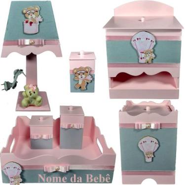 Imagem de Kit de Higiene de bebê Mdf quarto menina 7 pçs - URSINHA BALAO ROSA E 