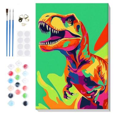 Imagem de Bowetile Kit de pintura de dinossauro por números para adultos, kits de pintura por números em tela com moldura, pintar um número adulto, kits de artesanato de pintura a óleo acrílica DIY, 20 x 30 cm