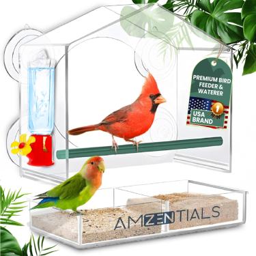 Imagem de AMZENTIALS - Alimentador de pássaros de janela transparente | Alimentador e bebedor de pássaros incluídos com ventosas, acrílico | Alimentadores de pássaros de janela com ventosas fortes | Janela de