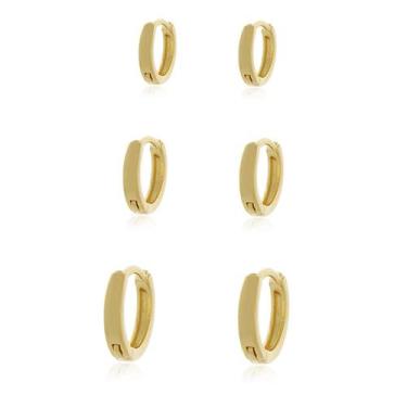 Imagem de Trio de Brincos de Argolas Lisas Semi Joia Banhado Ouro 18k - Stella S