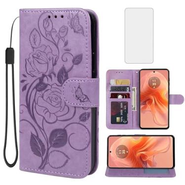 Imagem de Vavies Capa para Moto G24/Moto G04/Moto E14/Moto G04S XT2423-1 Capa carteira com protetor de tela de vidro temperado, flor de couro flip porta-cartão de crédito com suporte para celular para Motorola