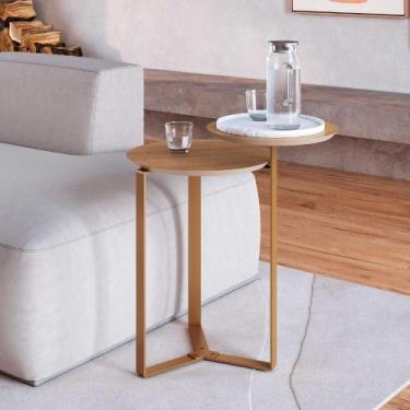 Imagem de Mesa Lateral de Apoio Orgânica 55cm c/ 2 Tampos e Pés em Aço - Artesan