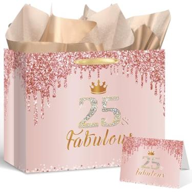 Imagem de Yoirrat Bolsa de presente de aniversário de 25 anos rosa e fabulosa para mulheres, grande, rosa, feliz aniversário de 25 anos, com papel de embrulho e cartão para decorações de aniversário de 25 anos,