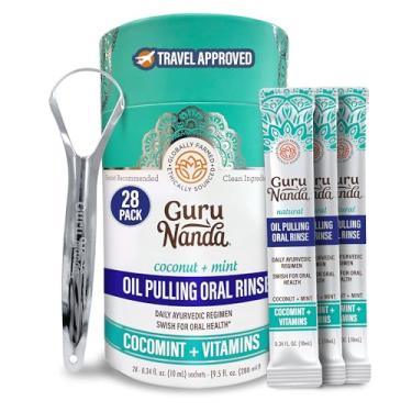 Imagem de GuruNanda Oil Pulling Travel Sachets - 28 Sachets with Coconut Oil, 7 Essential Oils,Vitamins D, E & K2 - Ayurvedic Mouthwash for Oral Care - Supports Bone & Gum Health, Fresh Breath & Teeth Whitening