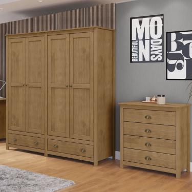 Imagem de Conjunto Quarto: Guarda-Roupa 4 Portas, Cômoda 4 Gavetas Freijó Topázio Madeira Pinus -...
