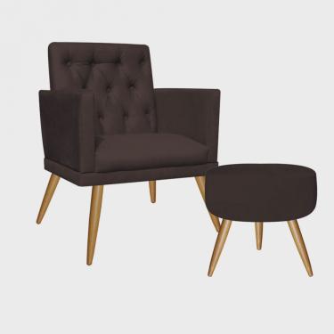 Imagem de Kit Poltrona e Puff Redondo Maria Capitonê Pé Palito Tecido Sintético Marrom - Ahz Móveis