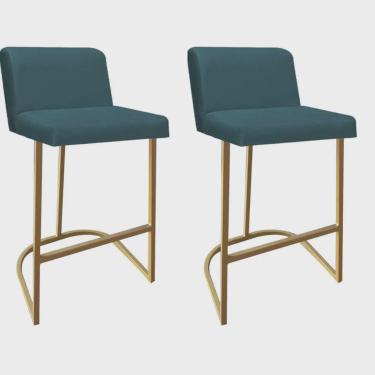 Imagem de Kit 02 Banquetas Com Encosto Noah Luxo Confort Bistrô Cozinha Ferro Dourado Suede Azul Turquesa - Ahazzo Móveis