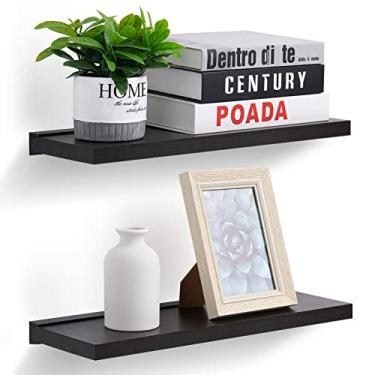 Imagem de Meangood Prateleiras flutuantes pretas montadas na parede de madeira de bambu natural de 43 cm para quarto, sala de estar, banheiro, cozinha (conjunto de 2)