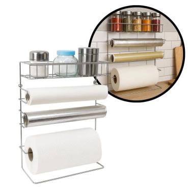 Imagem de Suporte Porta Papel Toalha Rolos e Temperos Organizador 4 em 1 Parede Cozinha Aço Cromado - Mundial Casa