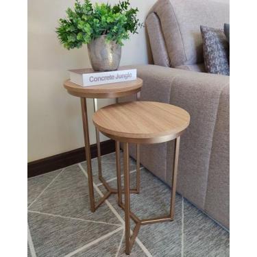 Imagem de Kit 2 Mesas Lateral de ferro - Mesinha Canto Apoio - Madeira Avelã - A