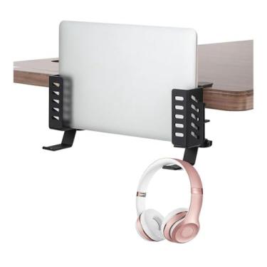 Imagem de Suporte para laptop Suporte vertical para laptop lateral de mesa, suporte de mesa de metal para laptop sem brocas com ganchos Elevador para laptop(Preto)