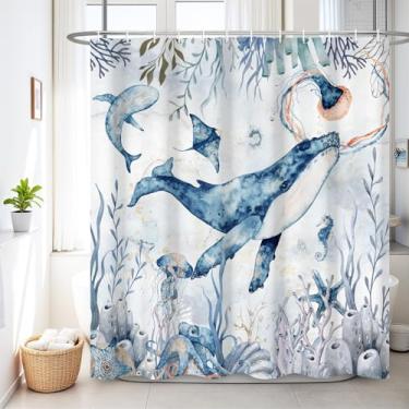 Imagem de Renaiss Conjunto de cortina de chuveiro infantil de 182 x 182 cm, oceano, baleia, 152 x 183 cm, desenho animado, peixe submarino, vida marinha submarina, menino, menina, infantil, linda cortina de