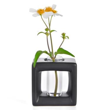 Imagem de ORGJ Vaso hidropônico minimalista 2 em 1 de cerâmica e difusor de aroma, decoração de mesa Art Deco para casa moderna, Spa/Yoga/Espaços de meditação, sala de estar e banheiro (quadrado preto)