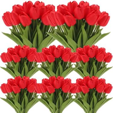 Imagem de Janinka 18 peças de tulipas artificiais artificiais tulipas PU buquê de látex falso arranjo floral para decoração de casa de casamento primavera Páscoa (vermelho)