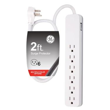 Imagem de GE Protetor SurGE UltraPro de 6 tomadas, cabo de extensão trançado de designer de 6 metros, 560 joules, plugue plano, suporte de parede, listado na UL, branco, 45264