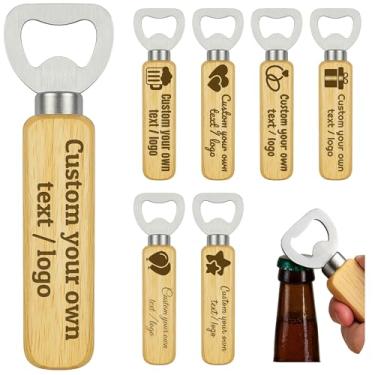 Imagem de Abridores de garrafas de madeira personalizados de 20-100 peças – Logotipo/texto personalizado gravado a laser para casamento, bar, eventos, presentes – Abridores de cerveja a granel com cabo de